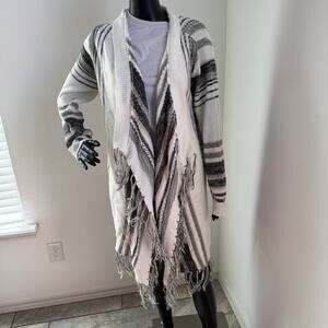 Cato Women's Boho Striped Draped Cardigan Sweater Fringe Hem Open Front Large